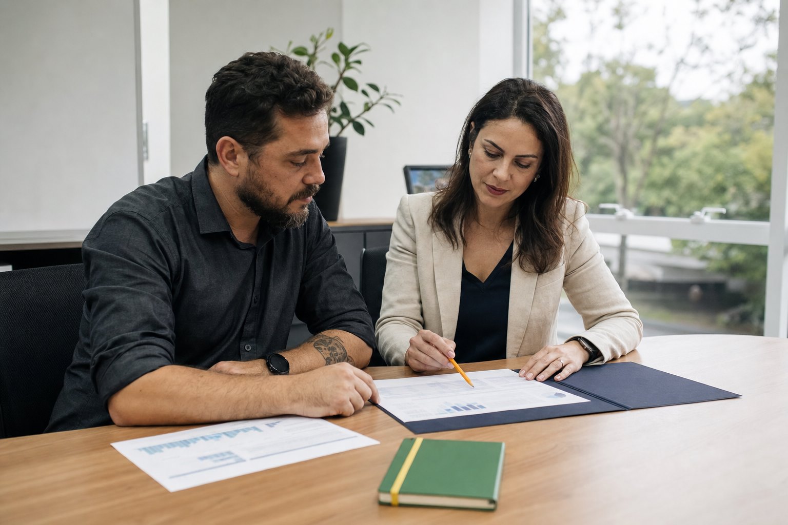 Empresário e especialista analisam o fluxo de caixa em uma reunião de BPO financeiro